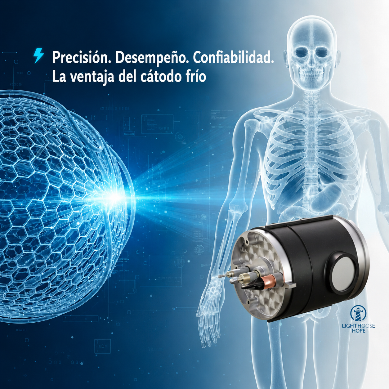 Tecnología de rayos X con cátodo frío basada en nanotubos de carbono (CNT), mostrando un tubo de rayos X Micro-X, una anatomía radiográfica humana y una ilustración conceptual de emisión electrónica.