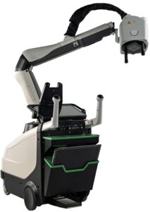 Micro-X Rover Plus mobile carbon nanotube digital X-ray system featuring an ergonomic positioning arm, integrated control console, and onboard imaging detector storage bins.