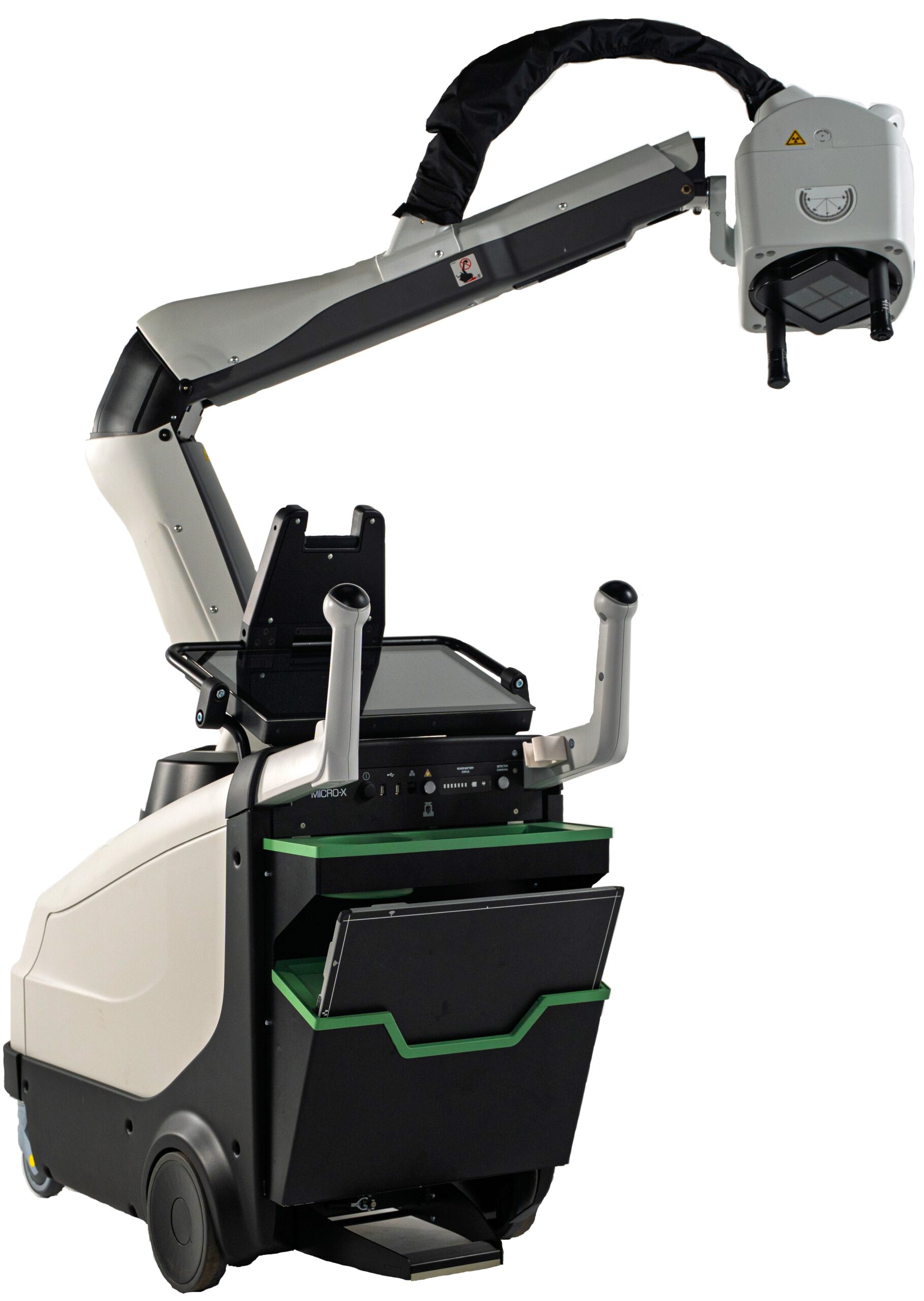 Micro-X Rover Plus mobile carbon nanotube digital X-ray system featuring an ergonomic positioning arm, integrated control console, and onboard imaging detector storage bins.