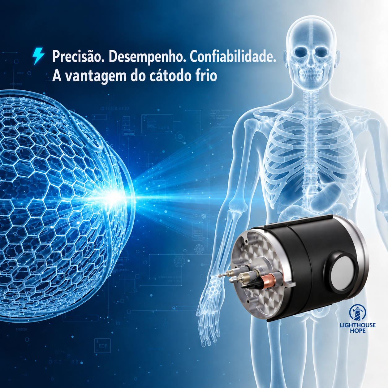 Imagem conceitual da tecnologia Nano Electronic X-ray (NEX) destacando o avanço na radiologia digital e emissão por catodo a frio.
